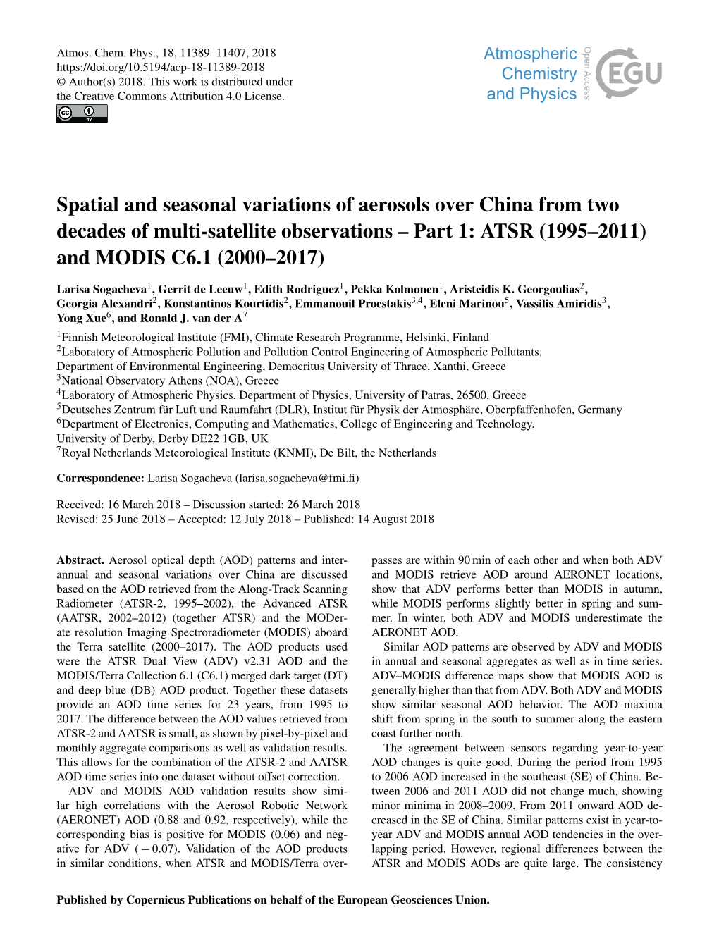 Spatial and Seasonal Variations of Aerosols Over China from Two Decades of Multi-Satellite Observations – Part 1: ATSR (1995–2011) and MODIS C6.1 (2000–2017)