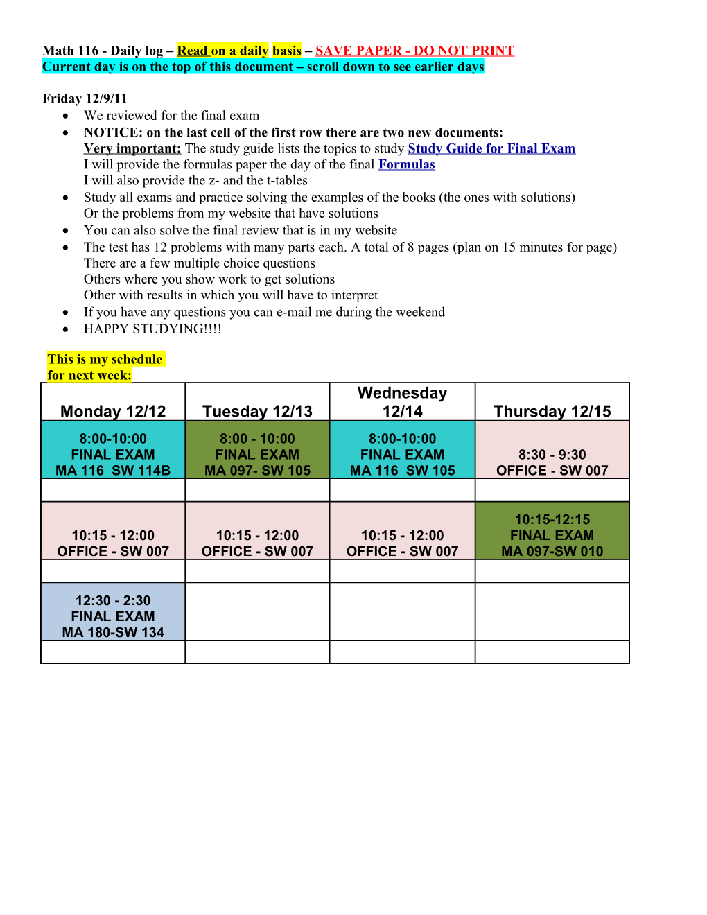 Math 116 - Daily Log Read on a Daily Basis SAVE PAPER - DO NOT PRINT