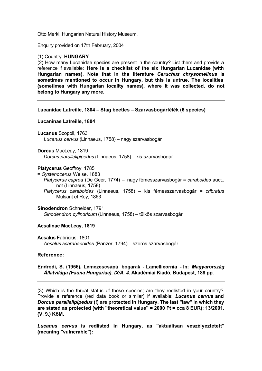 Otto Merkl, Hungarian Natural History Museum. Enquiry Provided on 17Th February, 2004 (1) Country: HUNGARY (2) How Many Lucanida