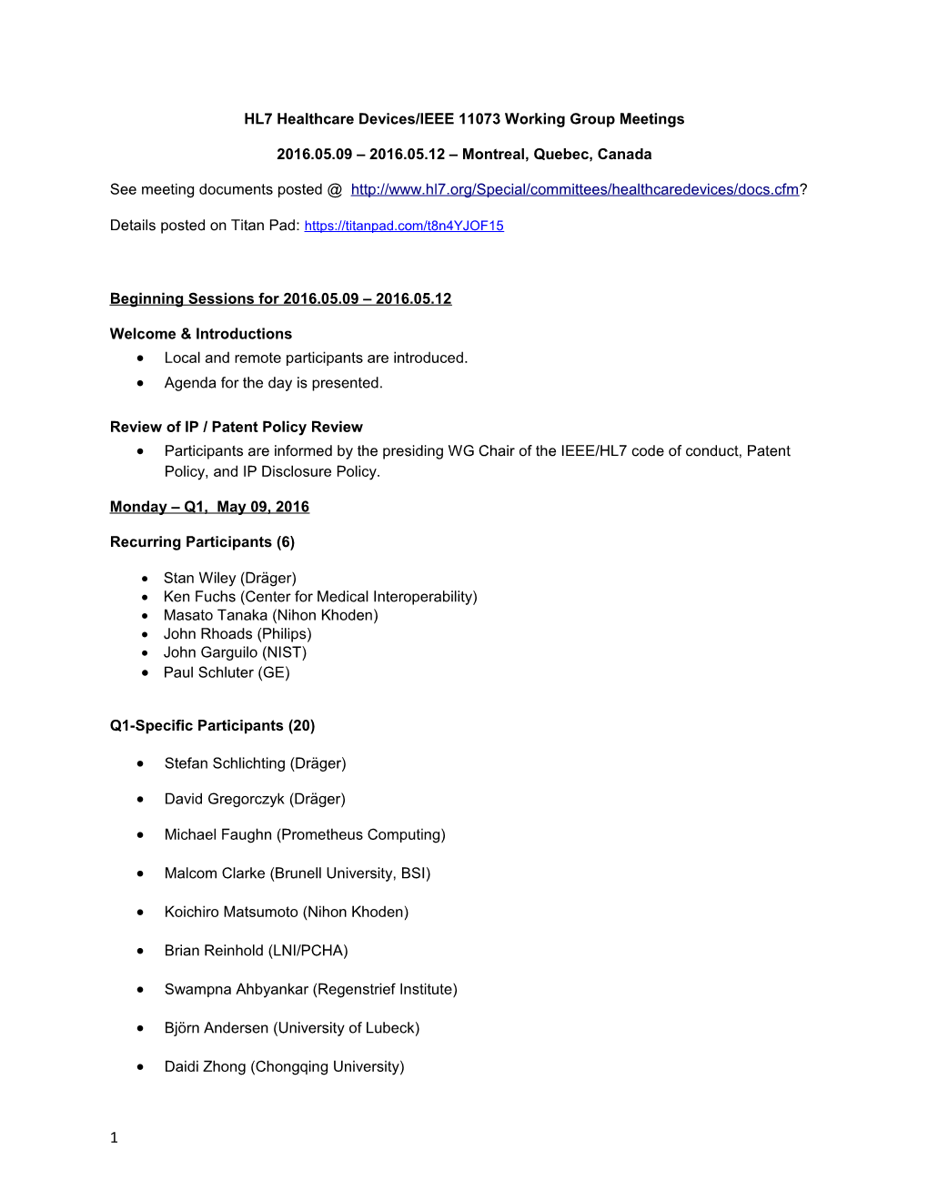 HL7 Healthcare Devices/IEEE 11073 Working Group Meetings