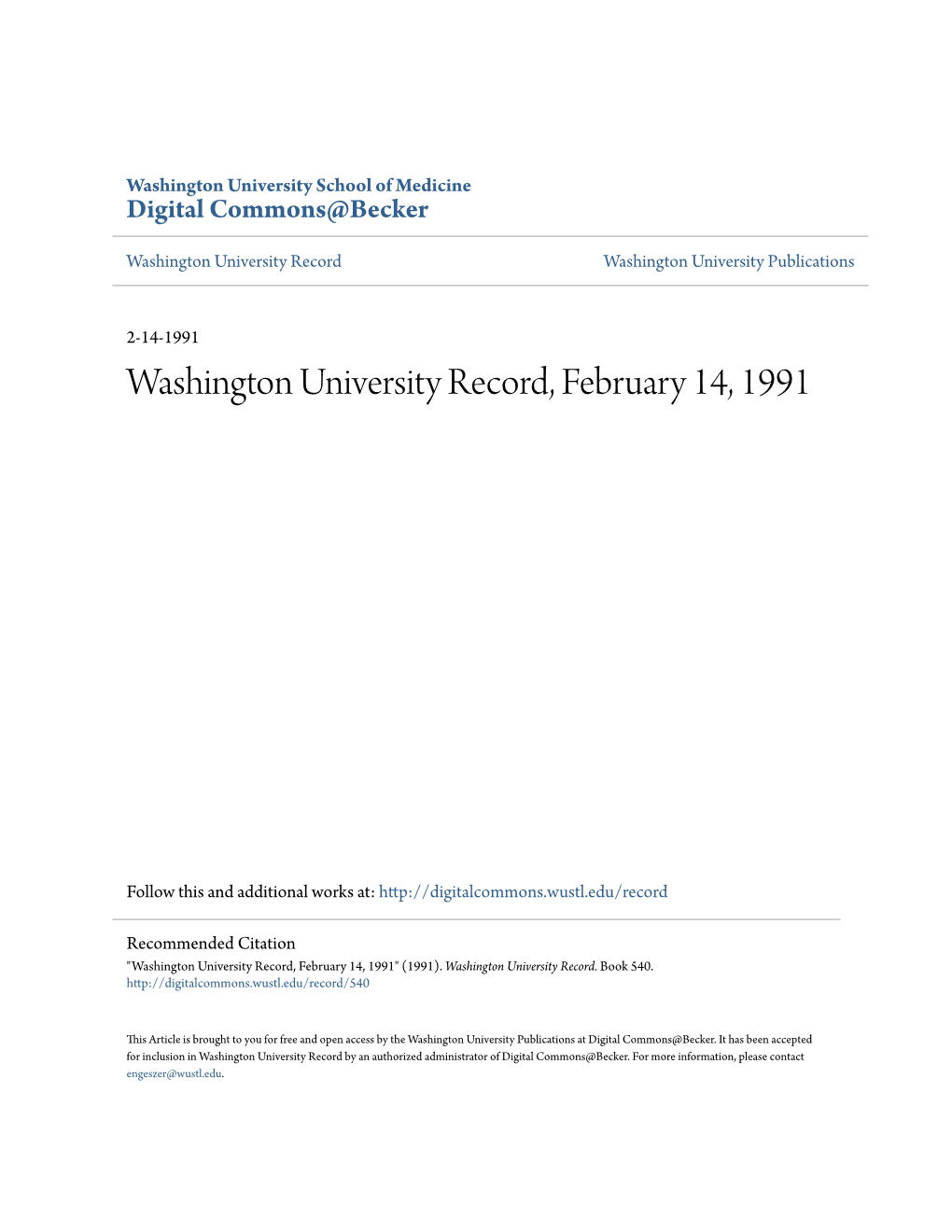 Washington University Record, February 14, 1991