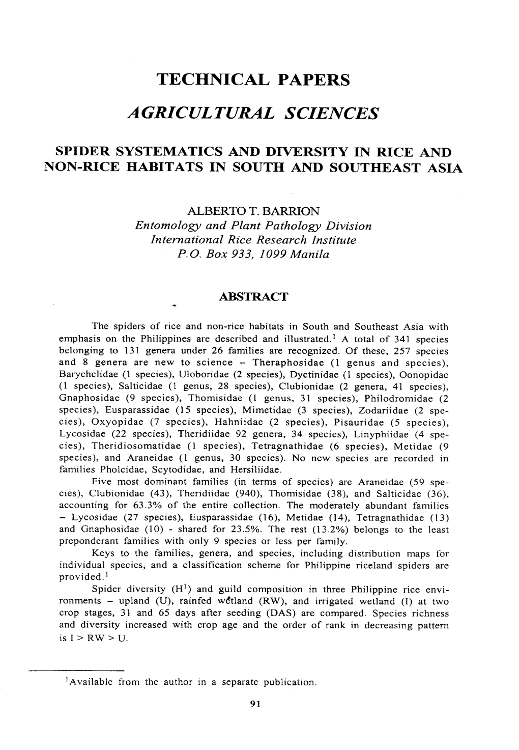 Spider Systematics and Diversity in Rice And