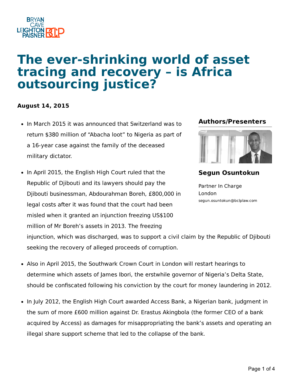 The Ever-Shrinking World of Asset Tracing and Recovery – Is Africa Outsourcing Justice?