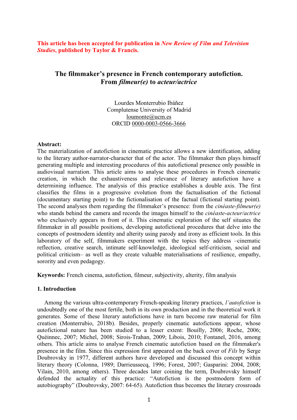 The Filmmaker's Presence in the French Contemporary Autofiction ORIGINAL MANUSCRIPT