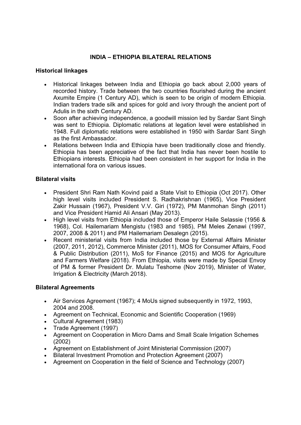 ETHIOPIA BILATERAL RELATIONS Historical Linkages