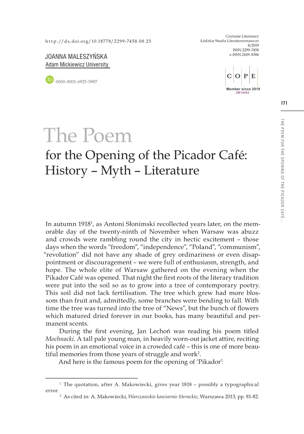 The Poem for the Opening of the Picador Cafã©: History Â•Fi Myth Â•Fi