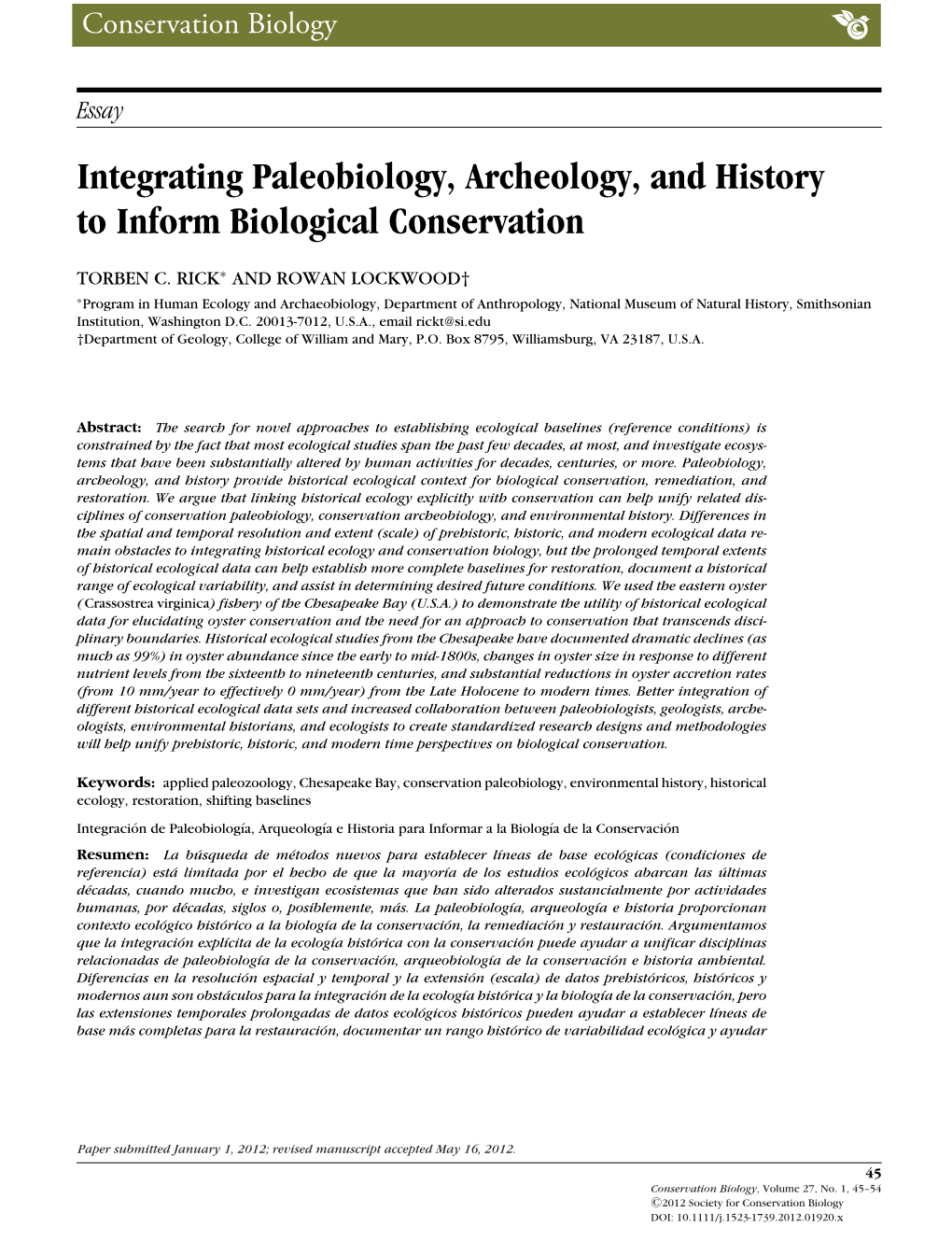 Integrating Paleobiology, Archeology, and History to Inform Biological Conservation