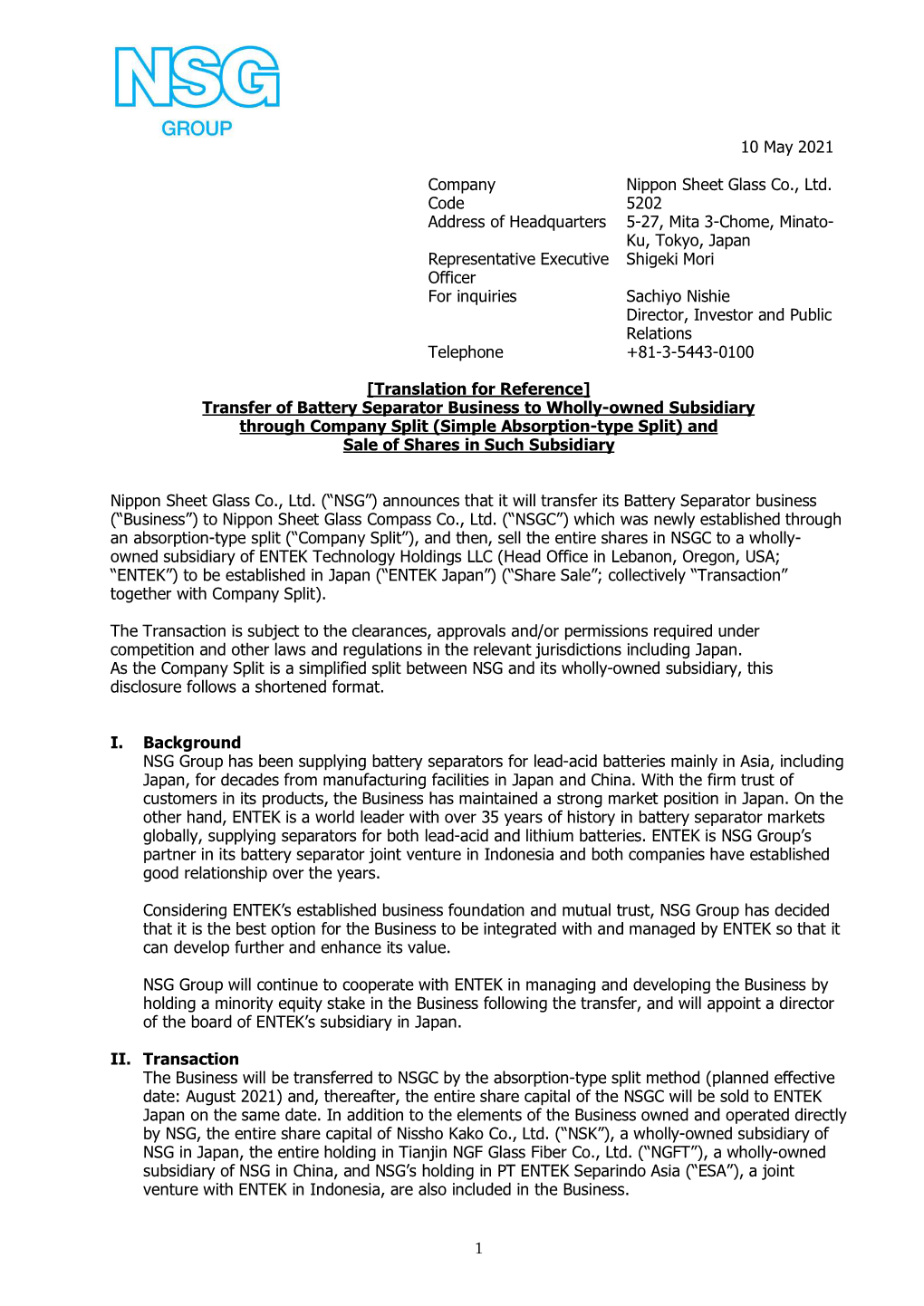 [Translation for Reference] Transfer of Battery Separator