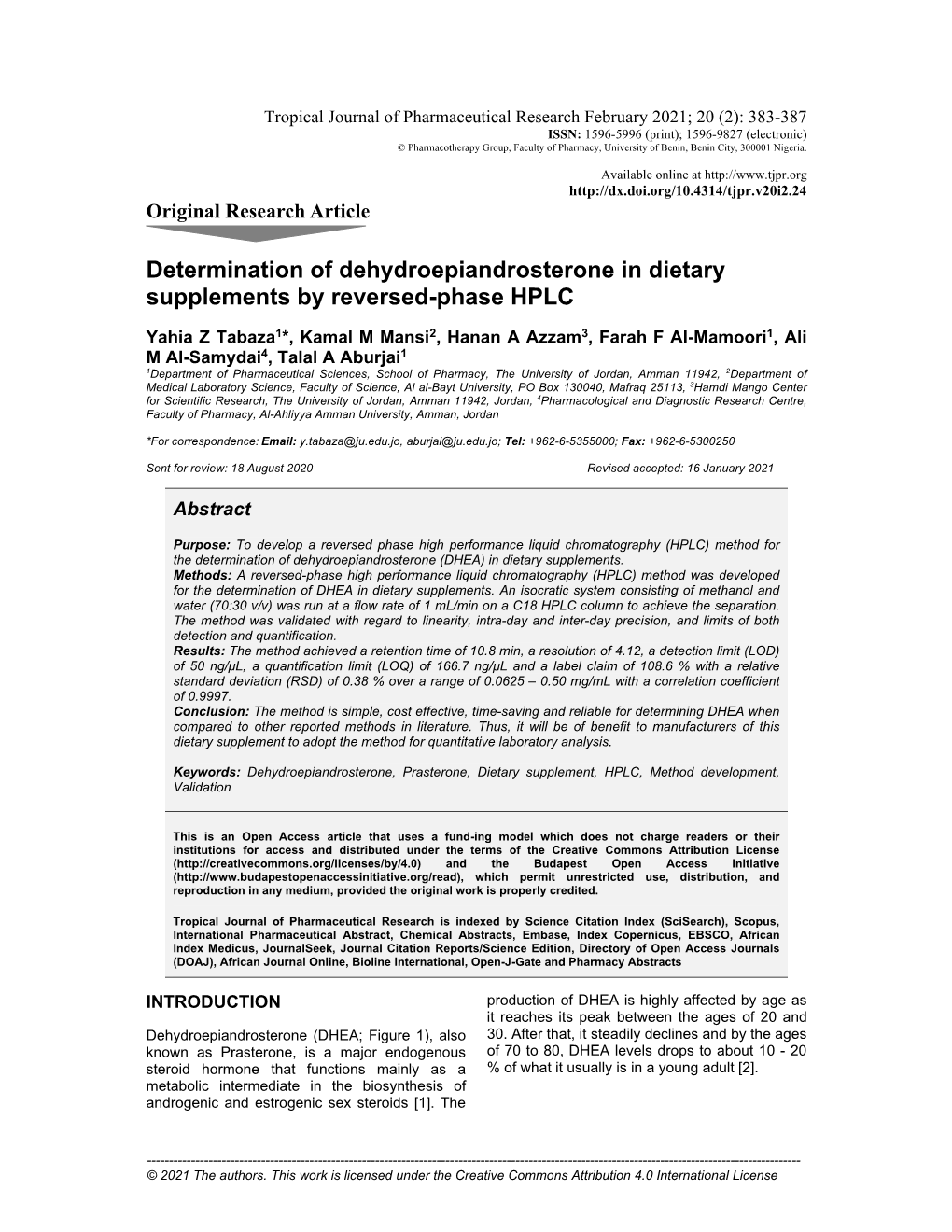 Determination of Dehydroepiandrosterone in Dietary Supplements by Reversed-Phase HPLC