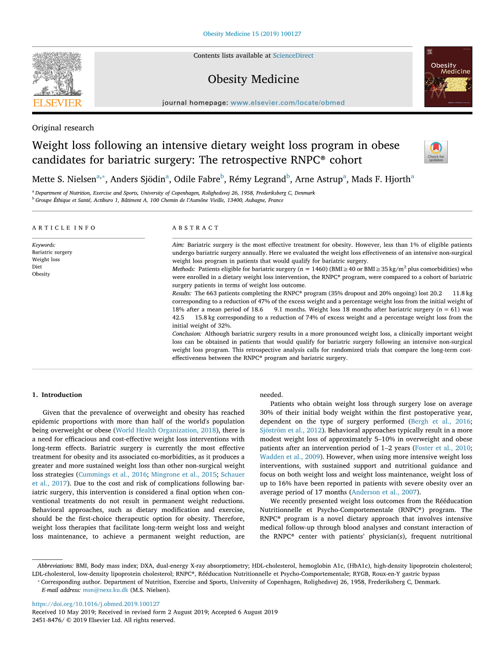 Weight Loss Following an Intensive Dietary Weight Loss Program in Obese Candidates for Bariatric Surgery: the Retrospective RNPC® Cohort T