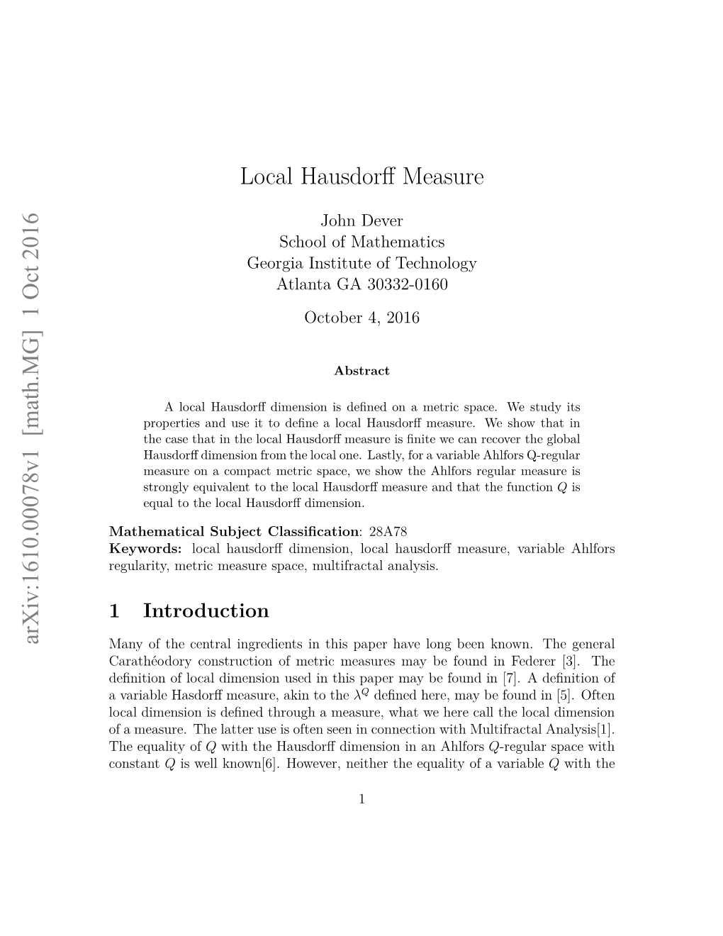 [Math.MG] 1 Oct 2016 Local Hausdorff Measure