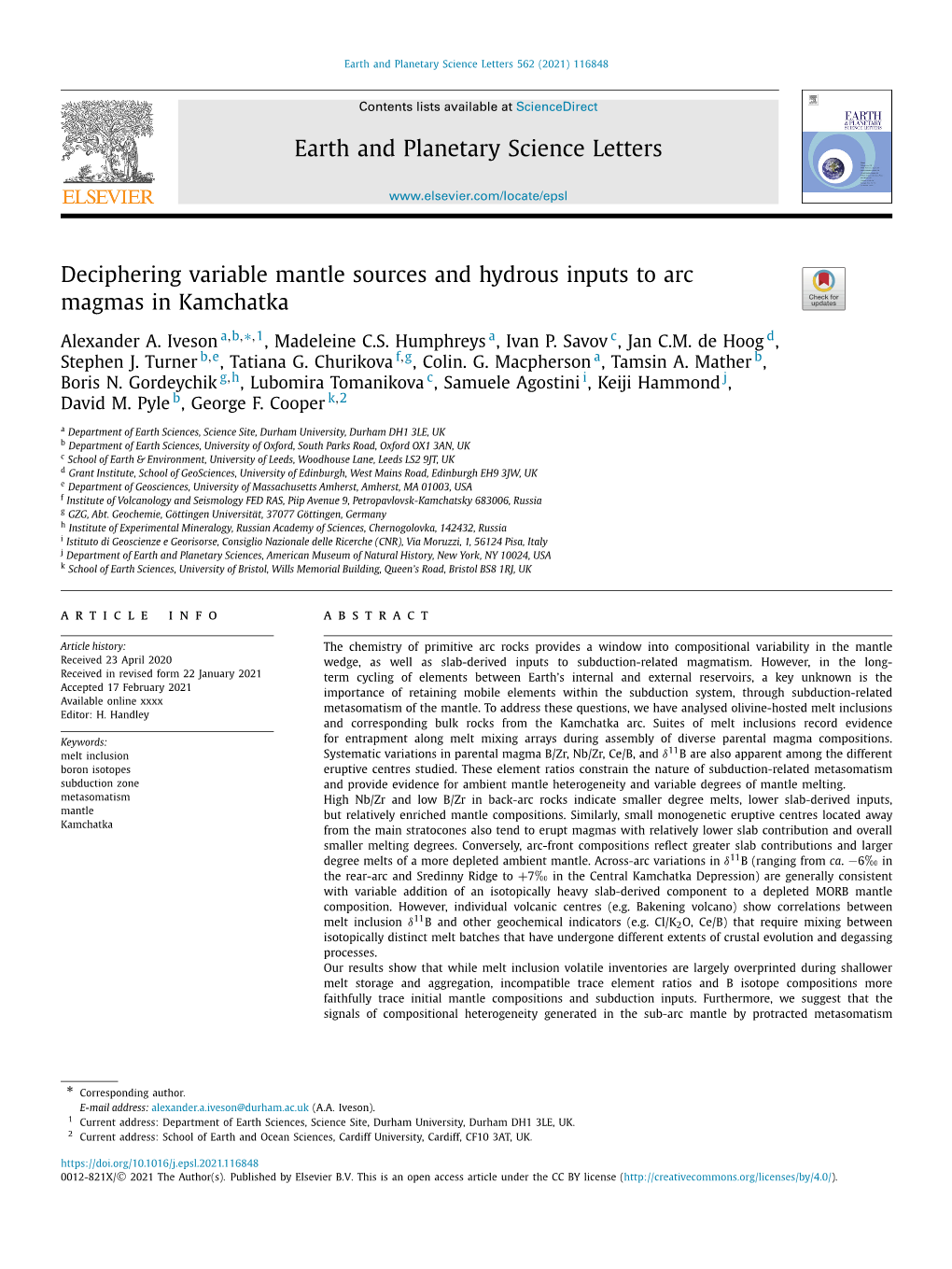 Deciphering Variable Mantle Sources and Hydrous Inputs to Arc Magmas in Kamchatka ∗ Alexander A