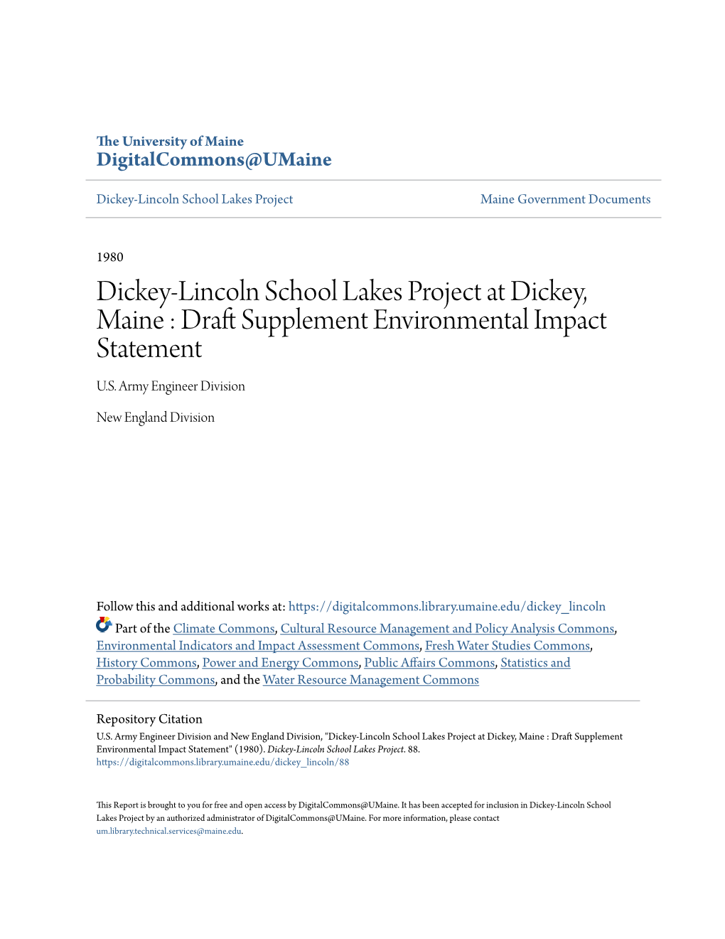 Dickey-Lincoln School Lakes Project at Dickey, Maine : Draft Supplement Environmental Impact Statement