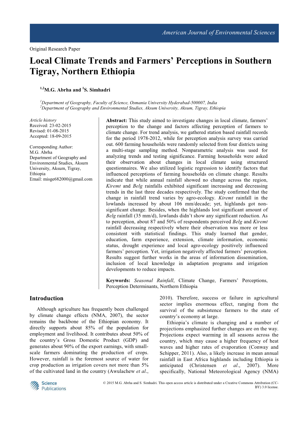 Local Climate Trends and Farmers' Perceptions in Southern Tigray