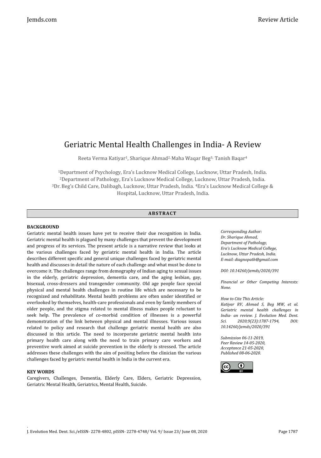 Geriatric Mental Health Challenges in India- a Review