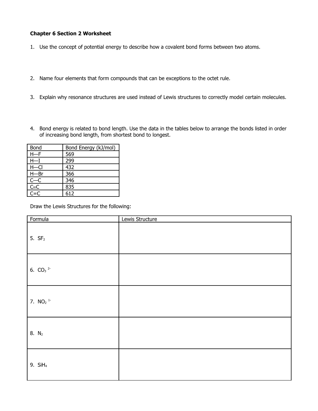 Chapter 6 Section 2 Covalent Bonding and Molecular Compounds Worksheet