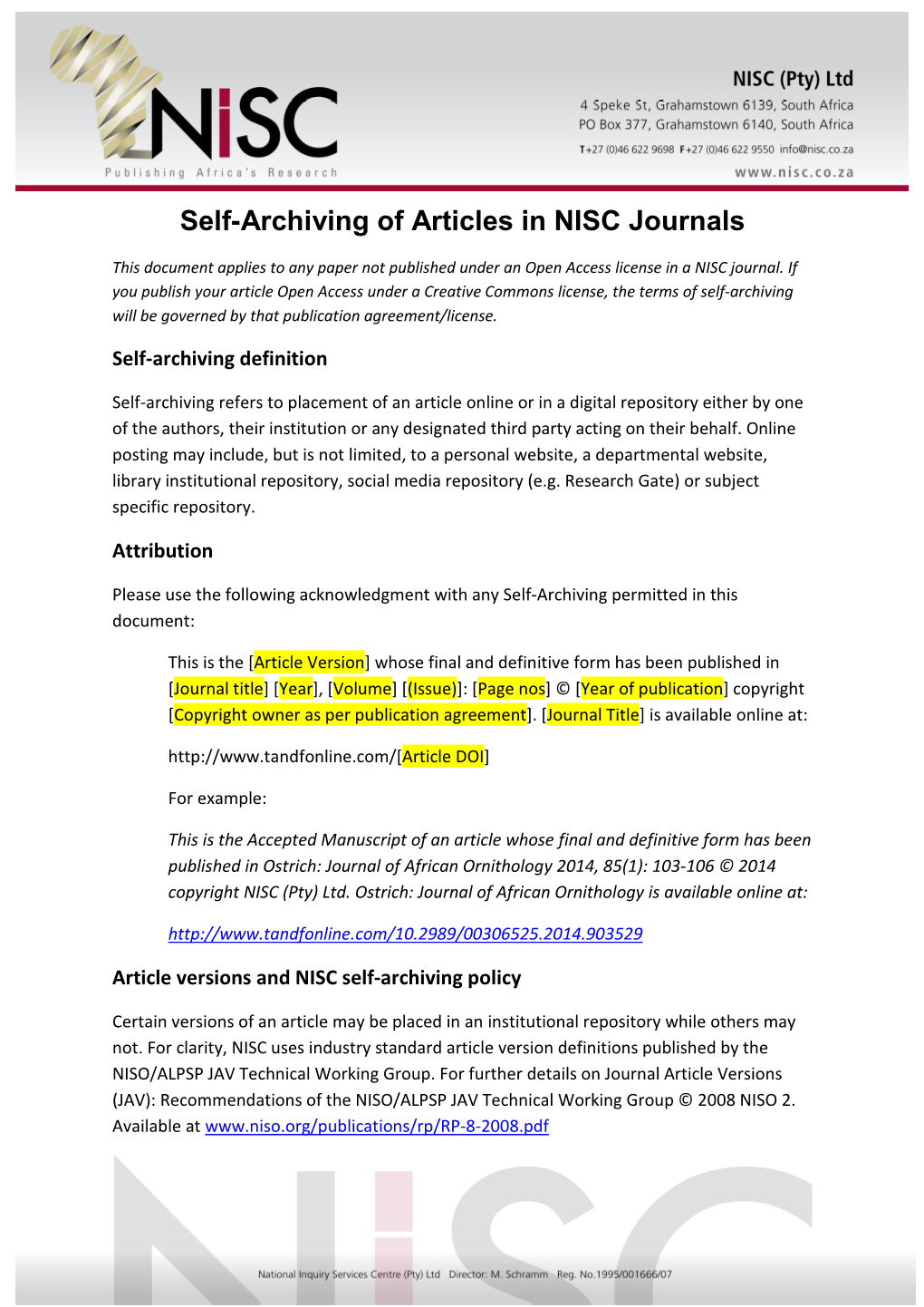 Self-Archiving of Articles in NISC Journals