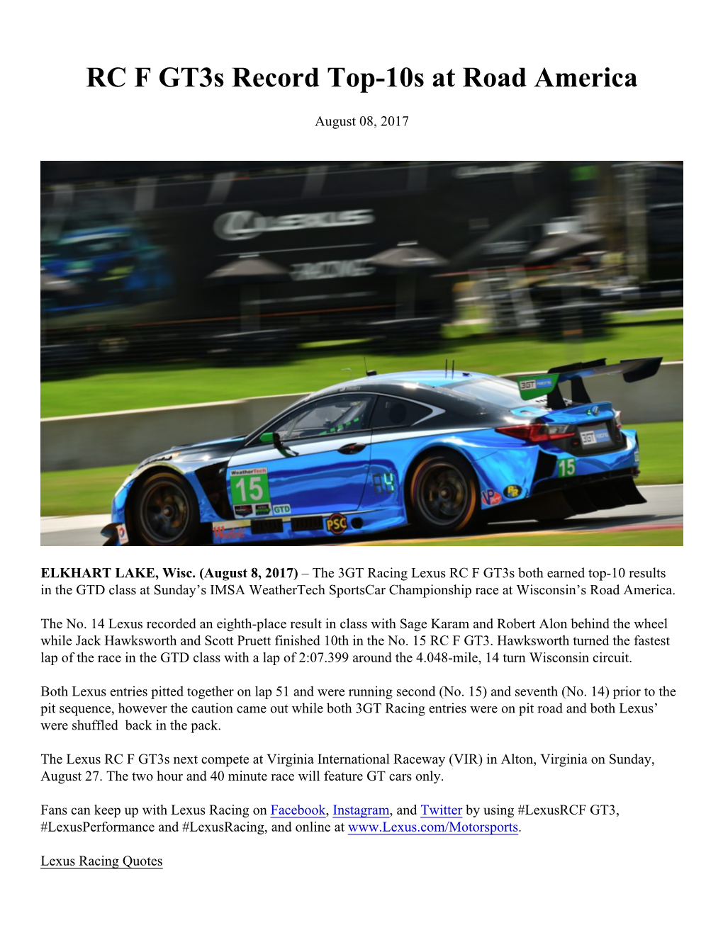 RC F Gt3s Record Top-10S at Road America