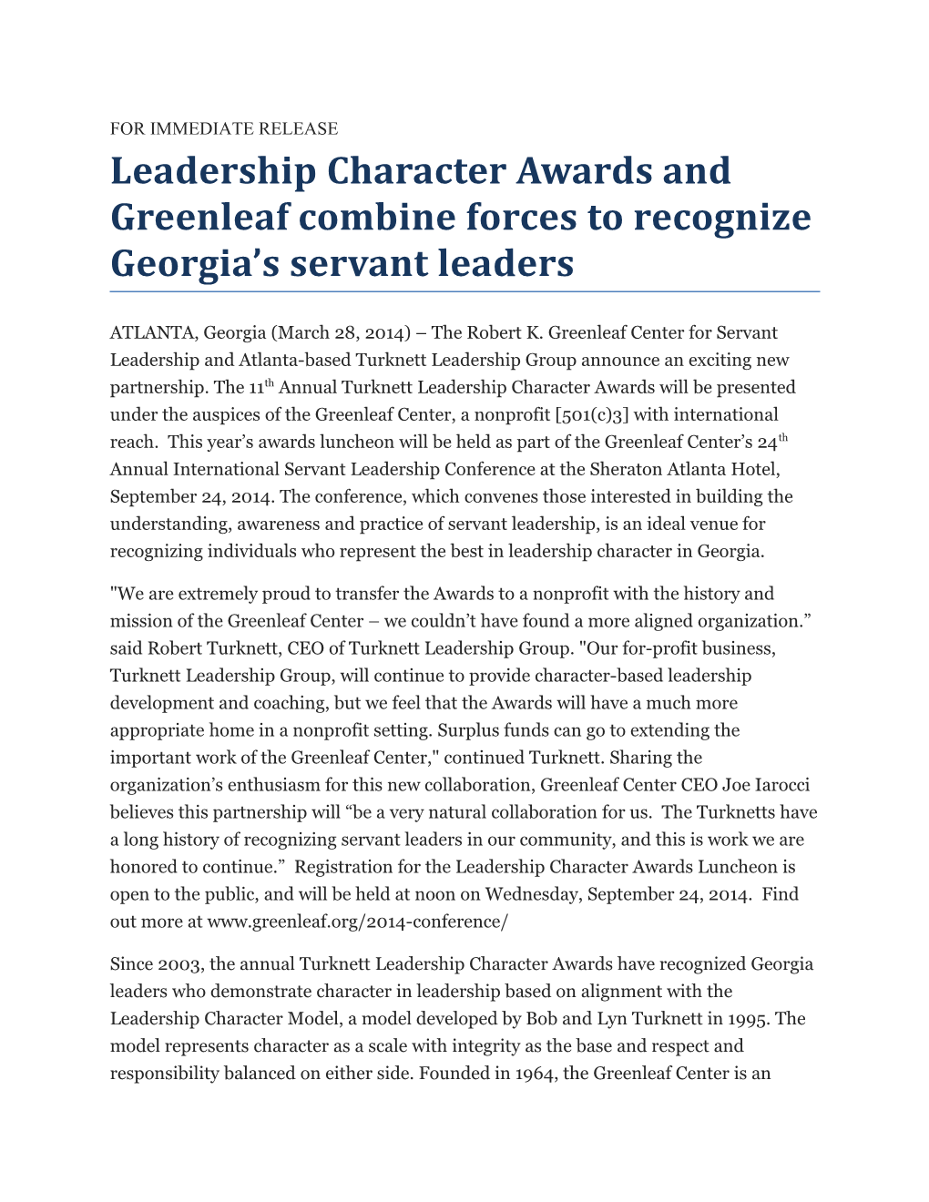 Leadership Character Awards and Greenleaf Combine Forces to Recognize Georgia S Servant Leaders