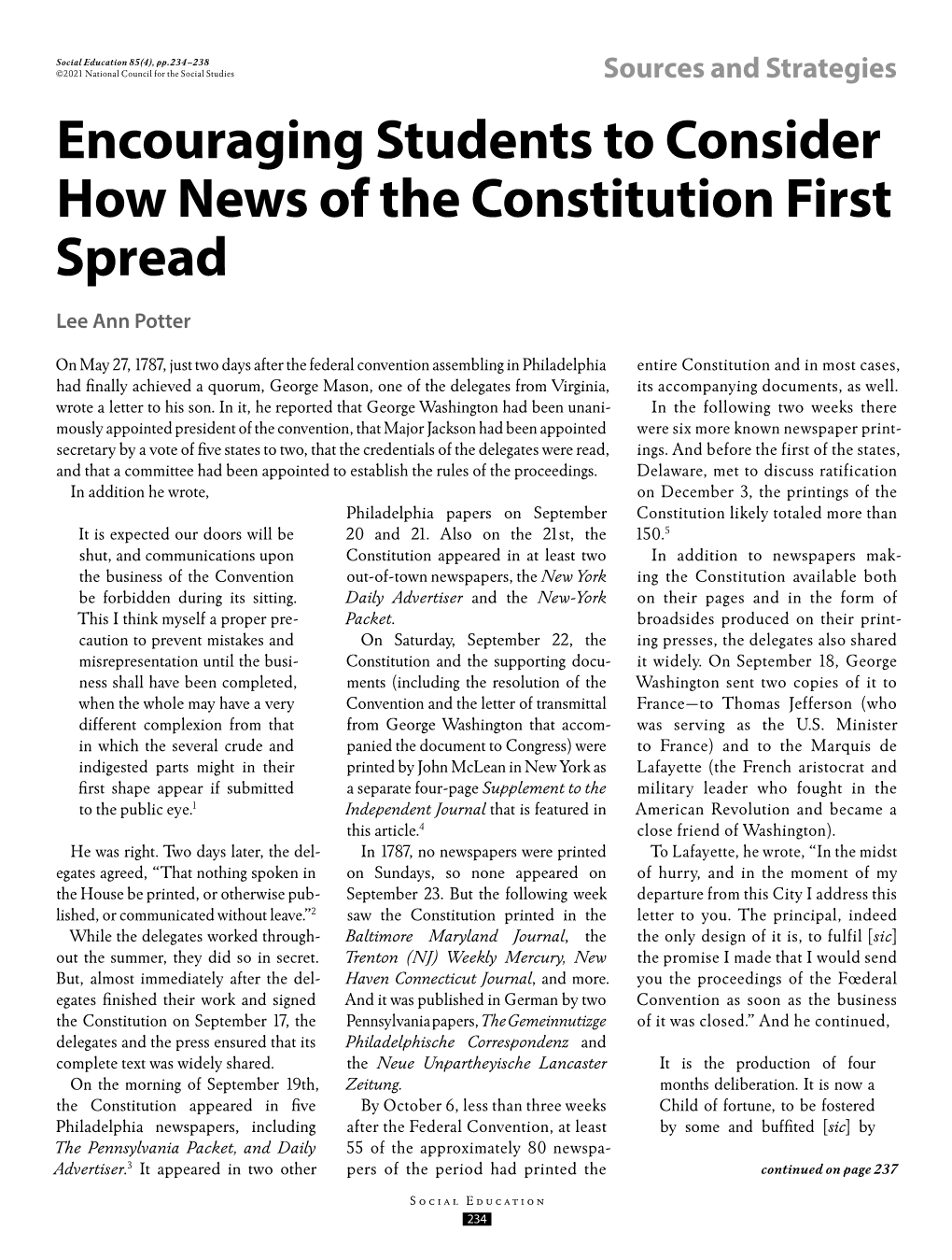 Encouraging Students to Consider How News of the Constitution First Spread
