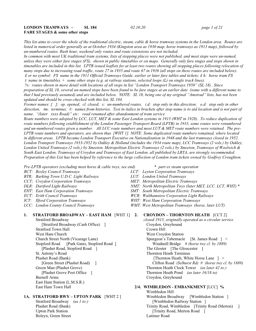 LONDON TRAMWAYS – SL 184 02.10.20 Page 1 of 21 FARE STAGES & Some Other Stops