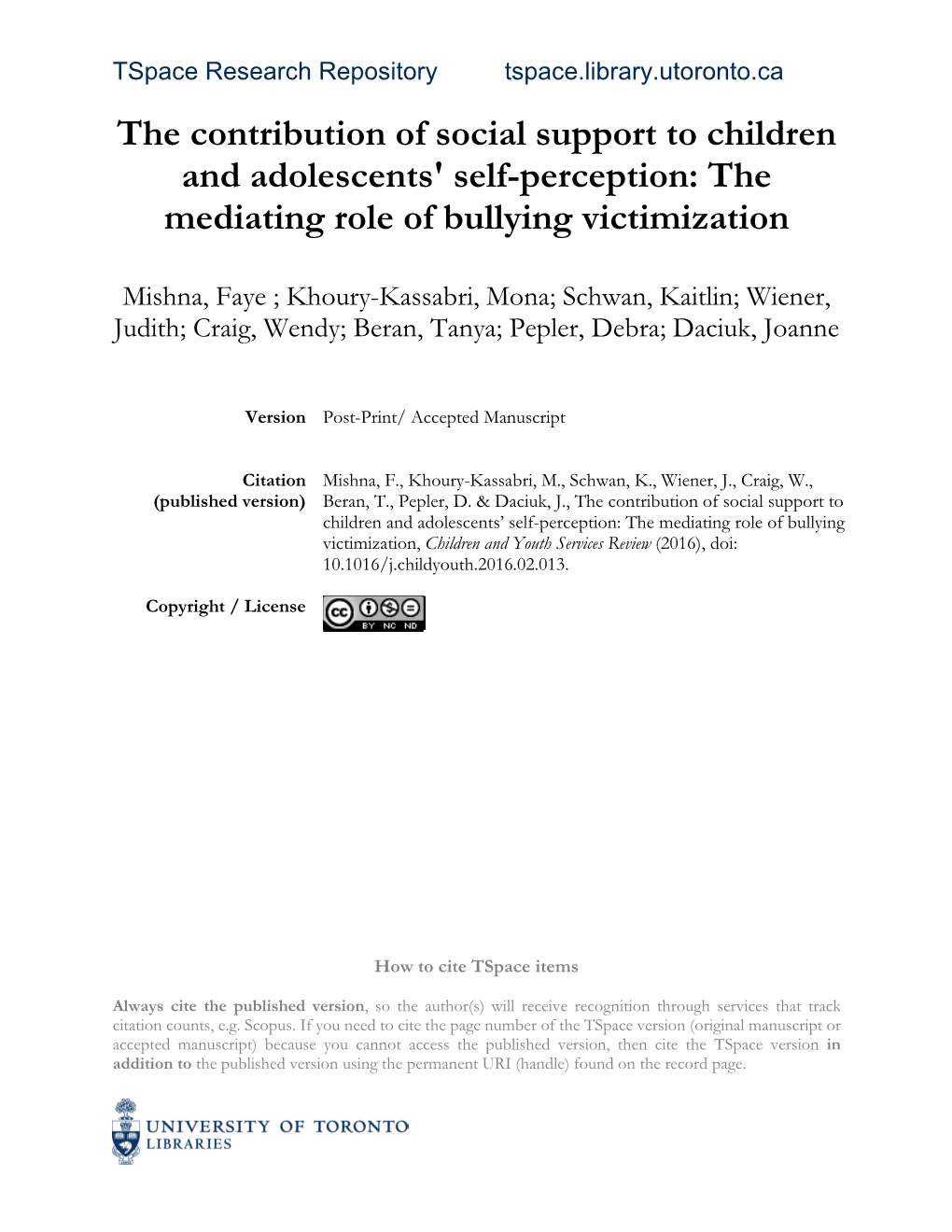 The Contribution of Social Support to Children and Adolescents' Self-Perception: the Mediating Role of Bullying Victimization