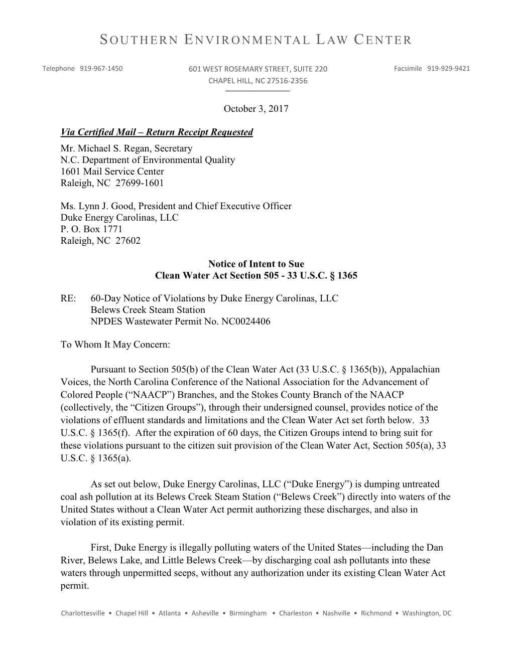 Notice of Intent to Sue Clean Water Act Section 505 - 33 U.S.C