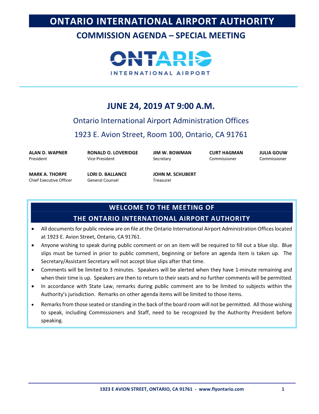 Ontario International Airport Authority Commission Agenda – Special Meeting
