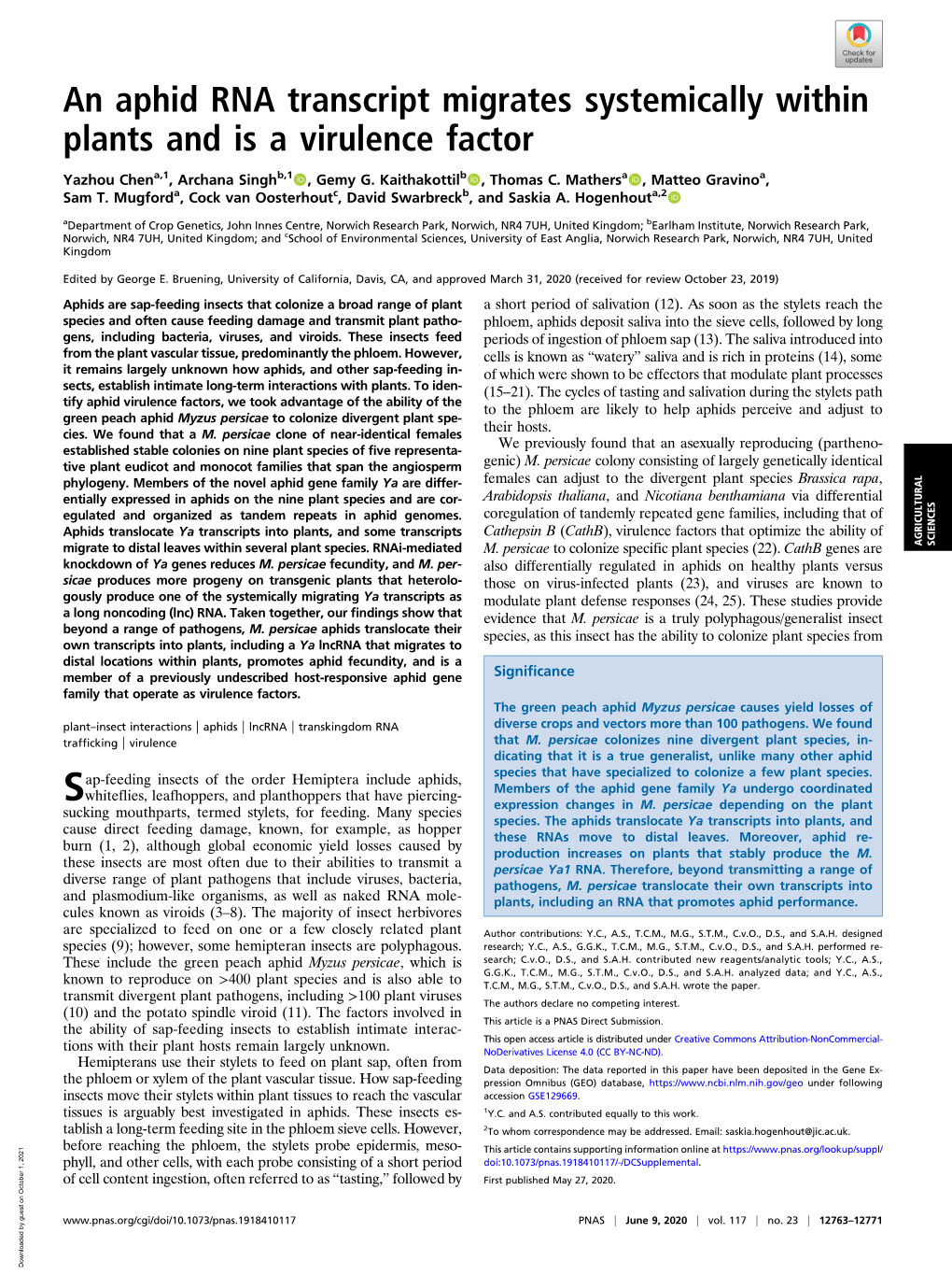 An Aphid RNA Transcript Migrates Systemically Within Plants and Is a Virulence Factor