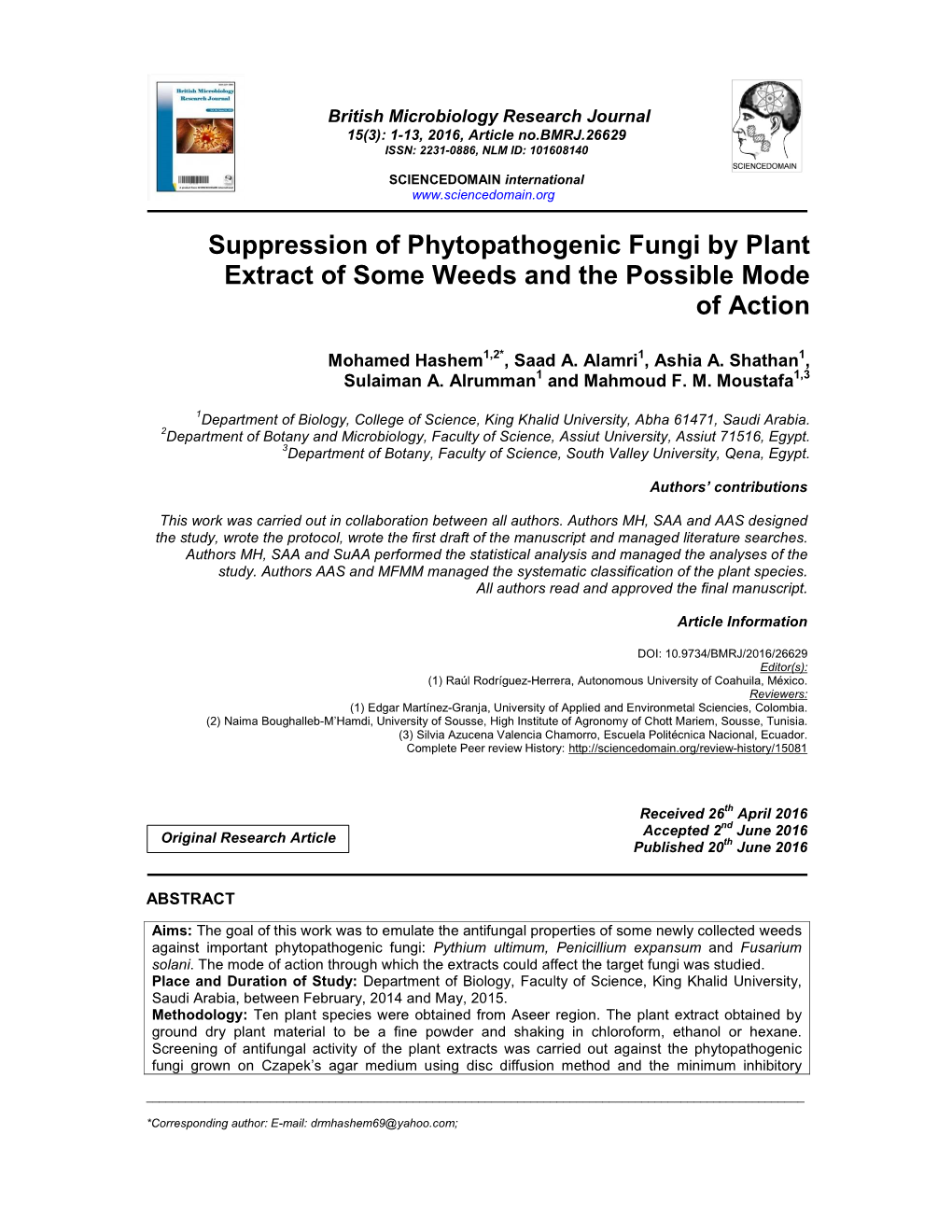 Suppression of Phytopathogenic Fungi by Plant Extract of Some Weeds and the Possible Mode of Action