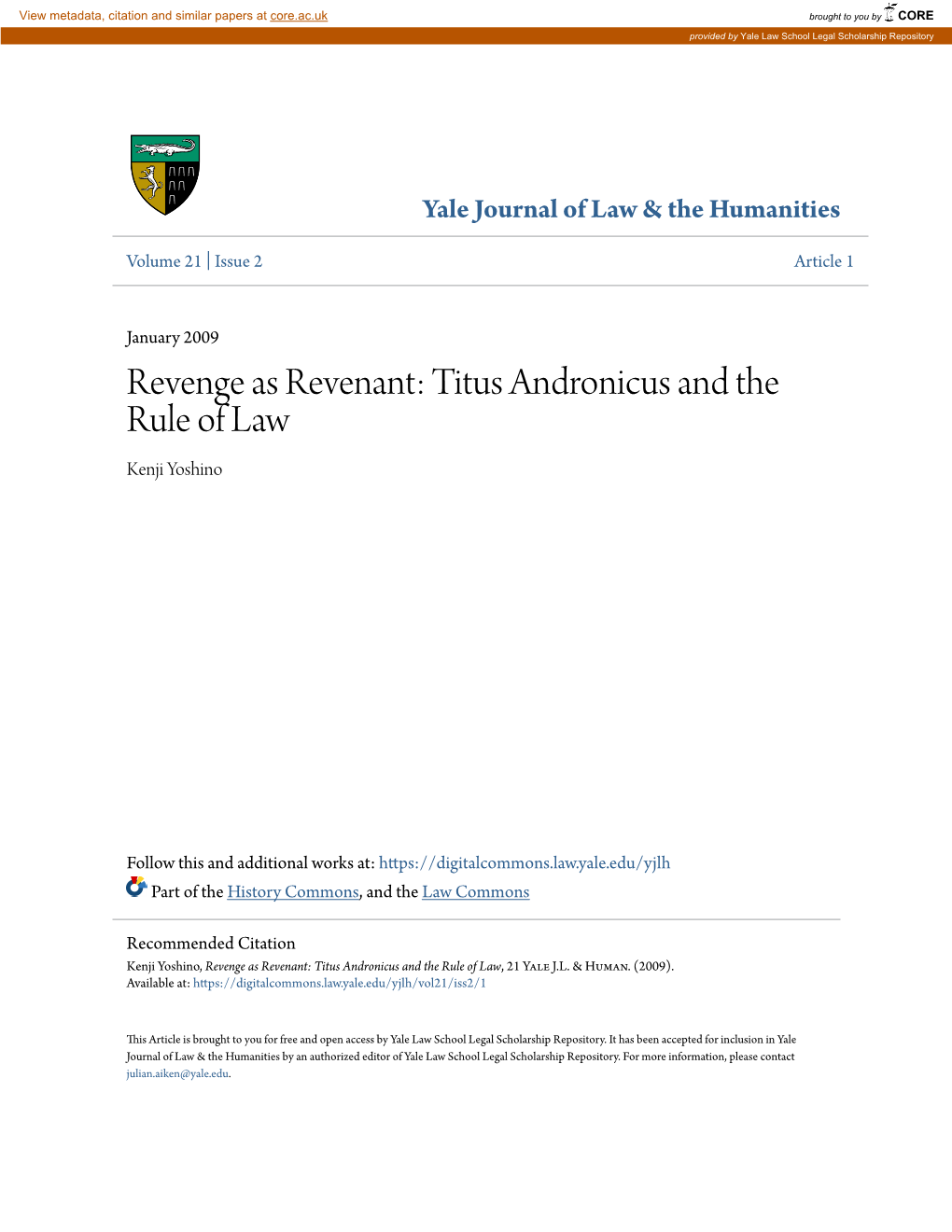 Revenge As Revenant: Titus Andronicus and the Rule of Law Kenji Yoshino