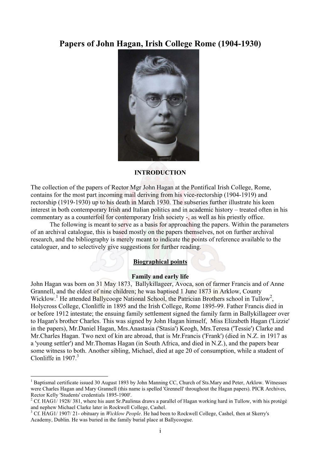 Papers of John Hagan, Irish College Rome (1904-1930)