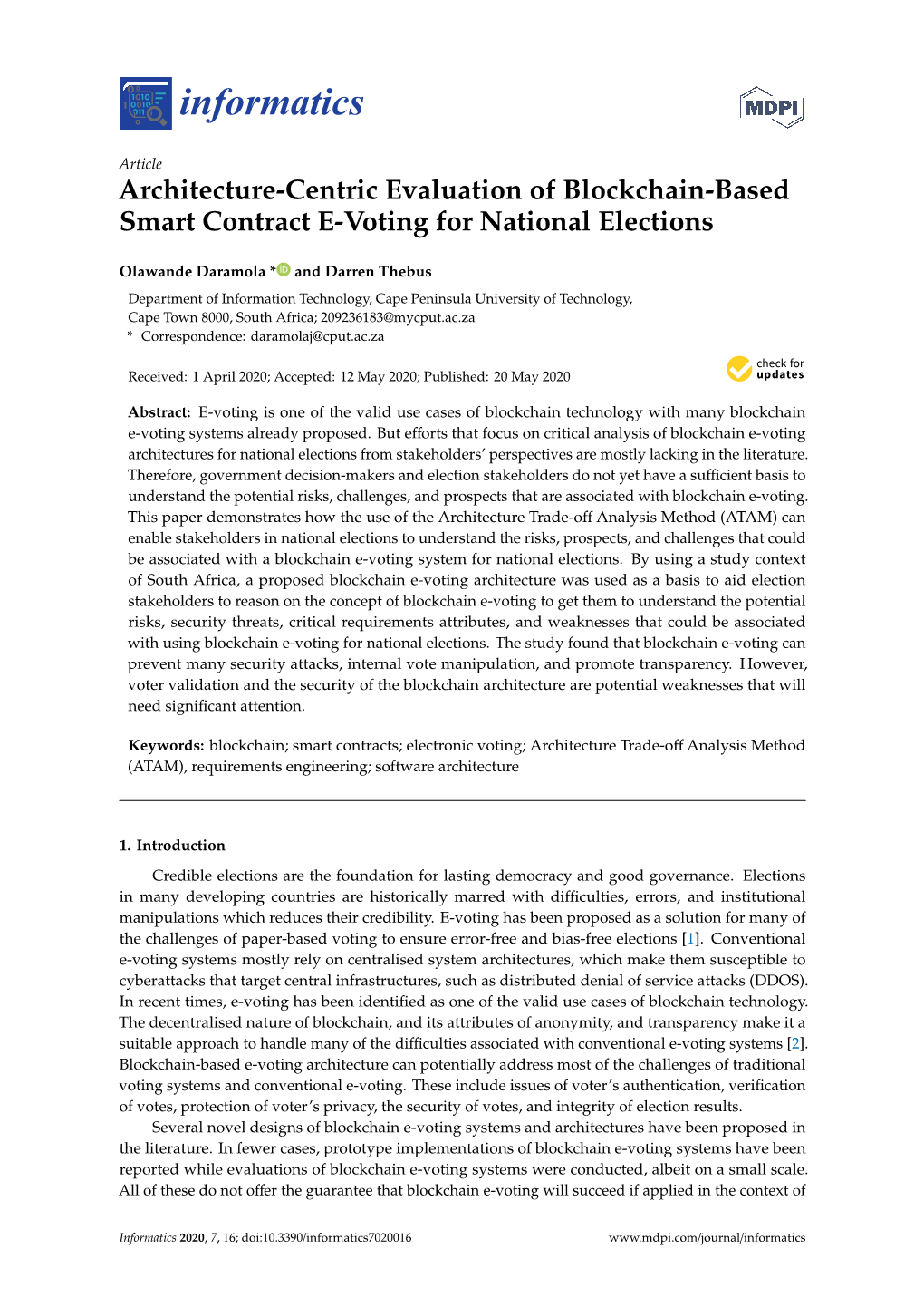 Architecture-Centric Evaluation of Blockchain-Based Smart Contract E-Voting for National Elections