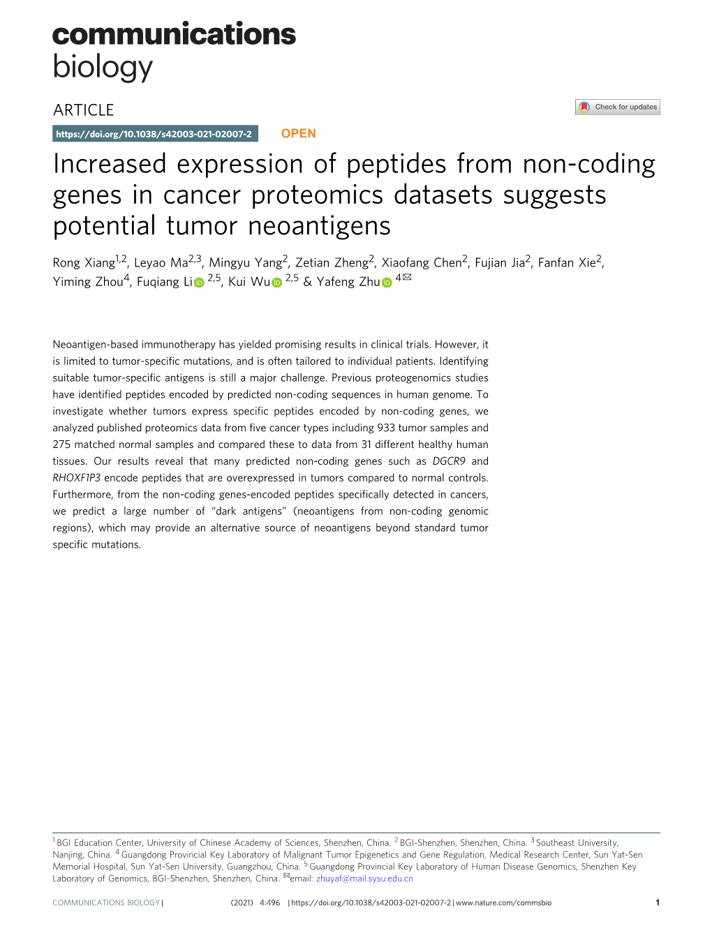 Increased Expression of Peptides from Non-Coding Genes in Cancer Proteomics Datasets Suggests Potential Tumor Neoantigens