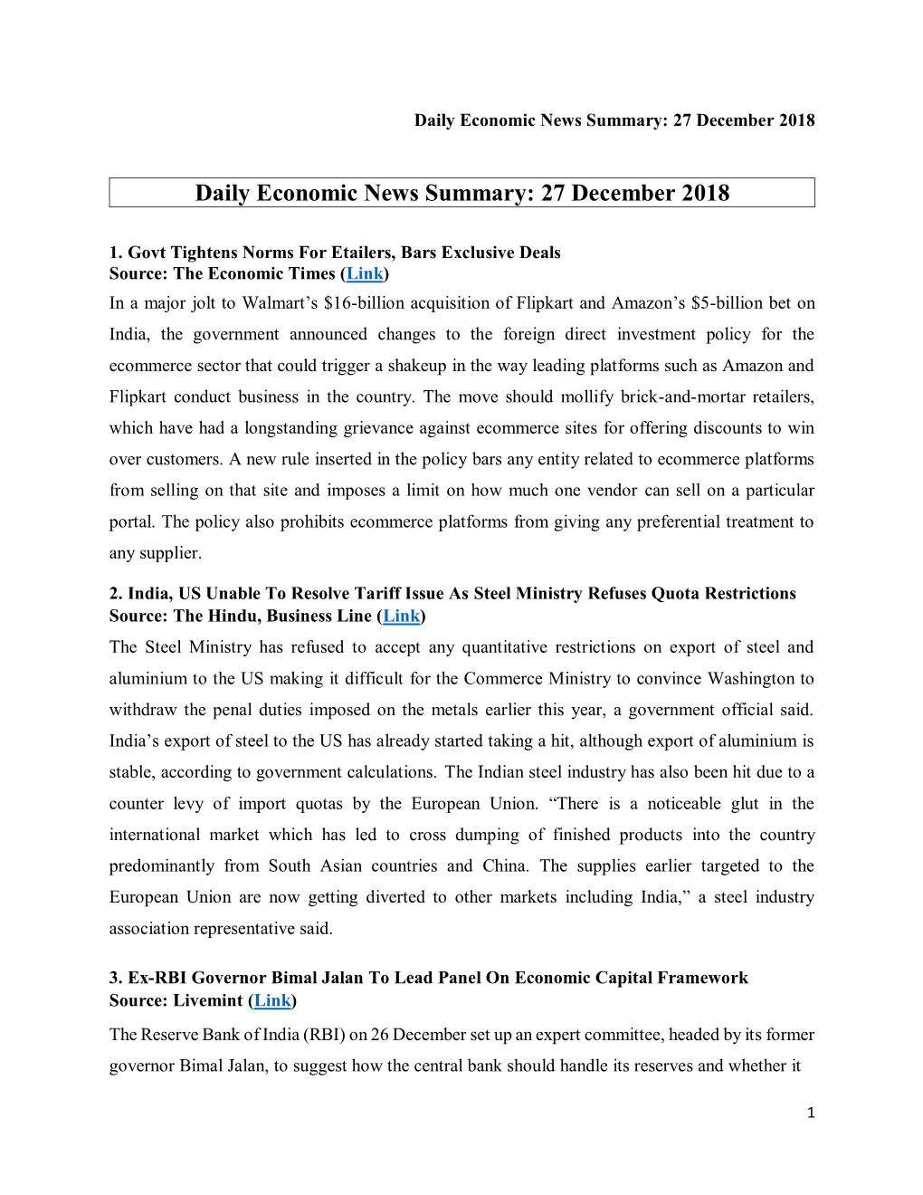 Daily Economic News Summary: 27 December 2018