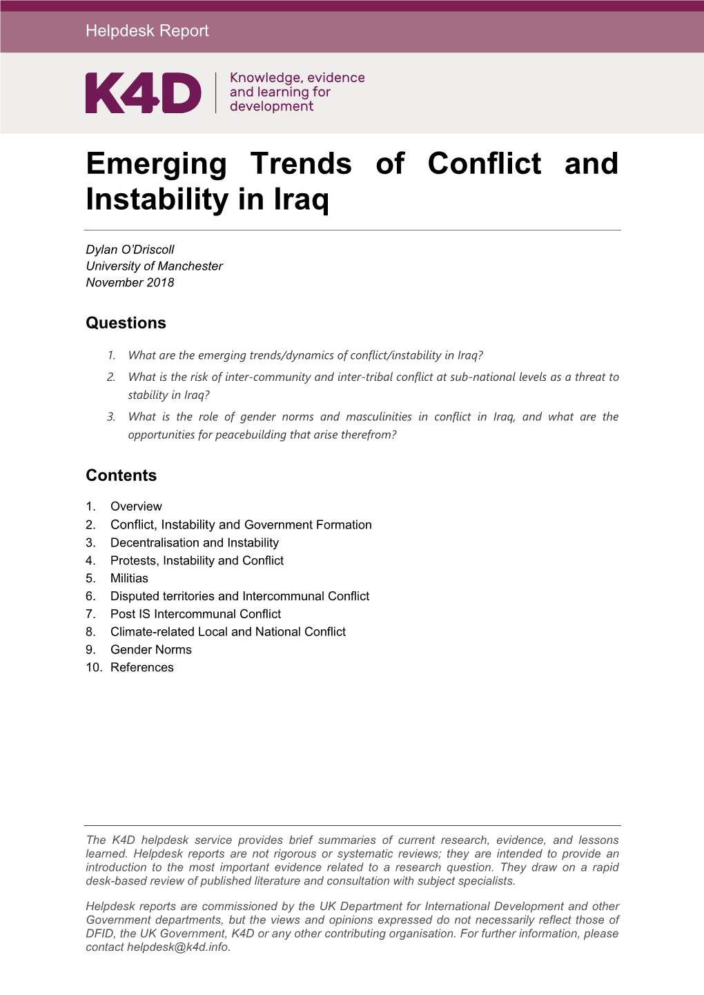 Emerging Trends of Conflict and Instability in Iraq