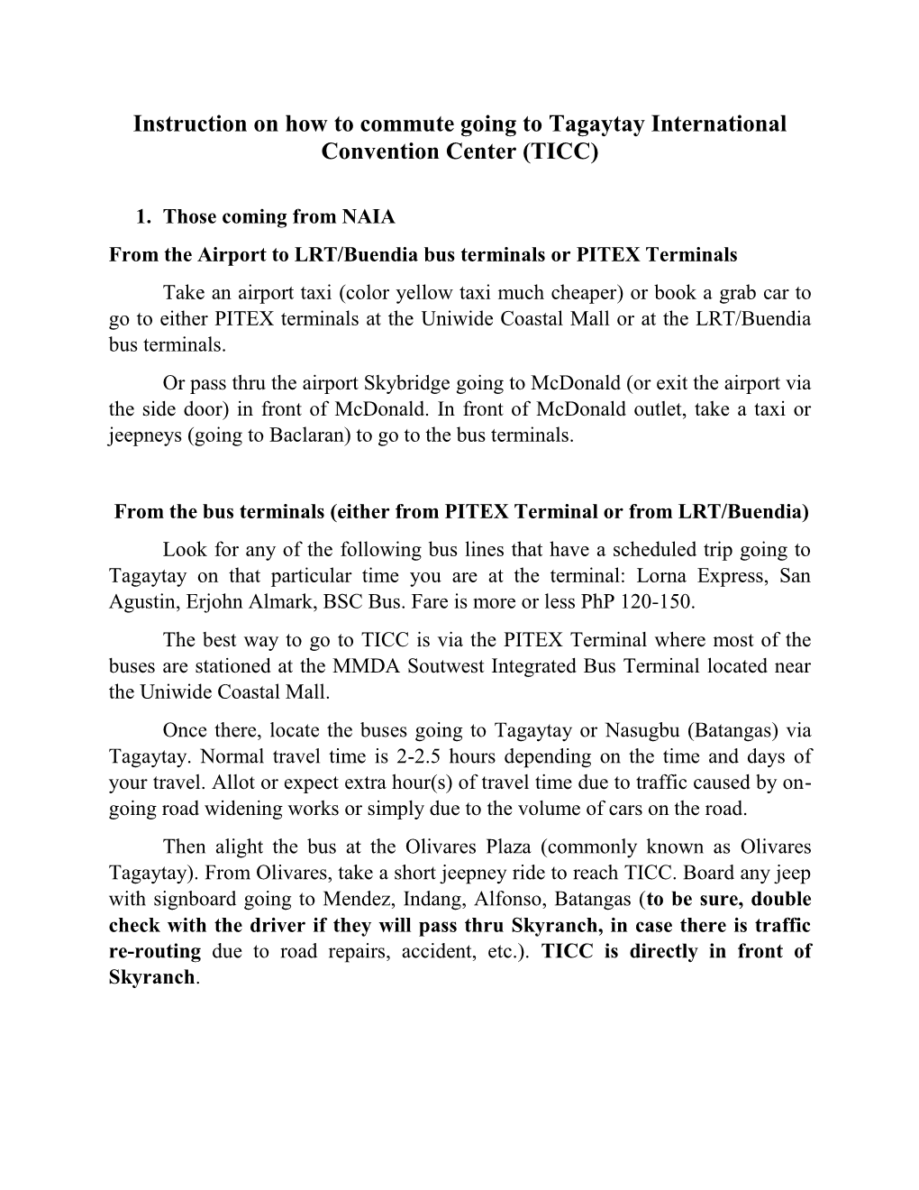 Instruction on How to Commute Going to Tagaytay International Convention Center (TICC)