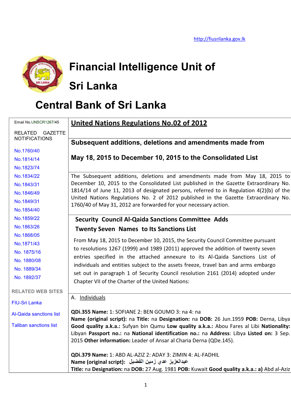 Financial Intelligence Unit of Sri Lanka Central Bank of Sri Lanka