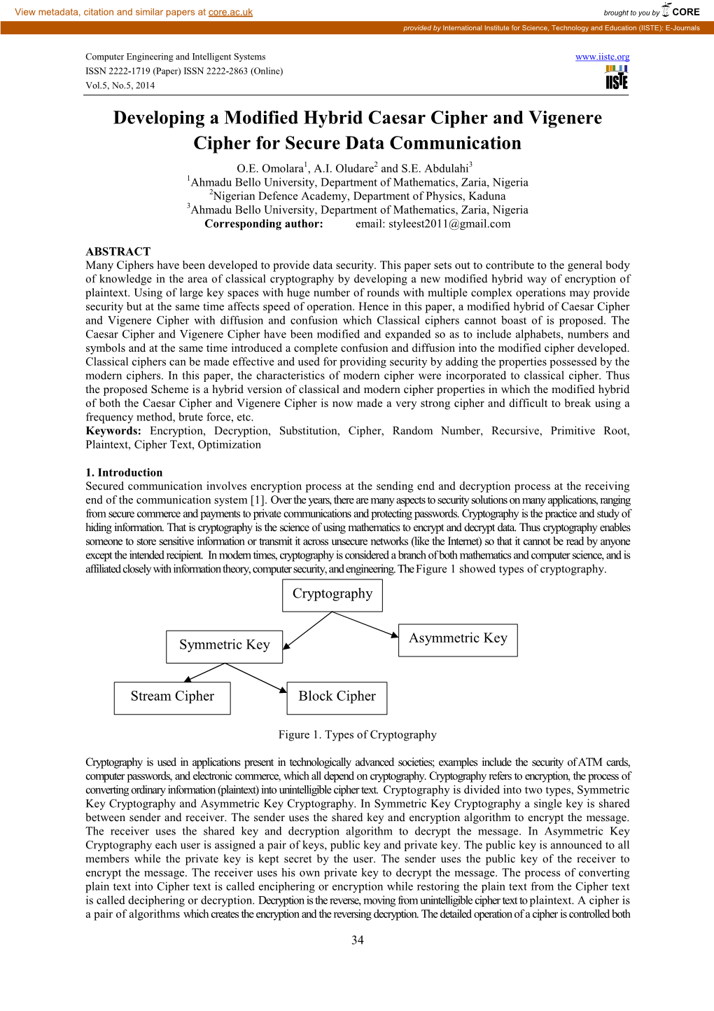 Developing a Modified Hybrid Caesar Cipher and Vigenere Cipher for Secure Data Communication O.E