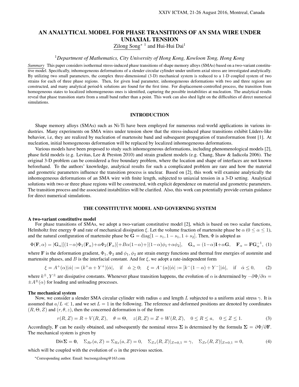 AN ANALYTICAL MODEL for PHASE TRANSITIONS of an SMA WIRE UNDER UNIAXIAL TENSION Zilong Song∗ 1 and Hui-Hui Dai1