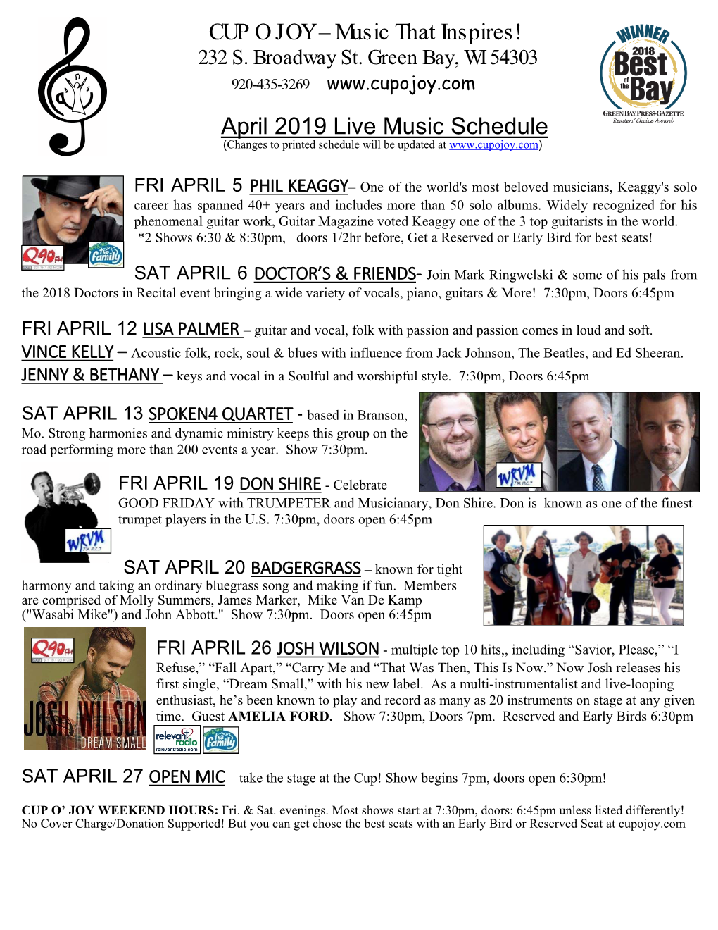 Music That Inspires! April 2019 Live Music Schedule