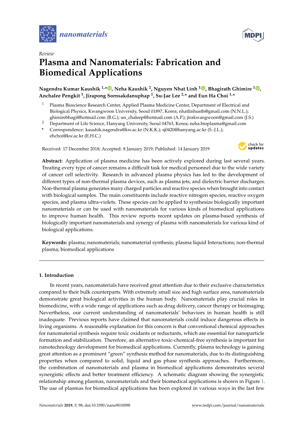 Plasma and Nanomaterials: Fabrication and Biomedical Applications