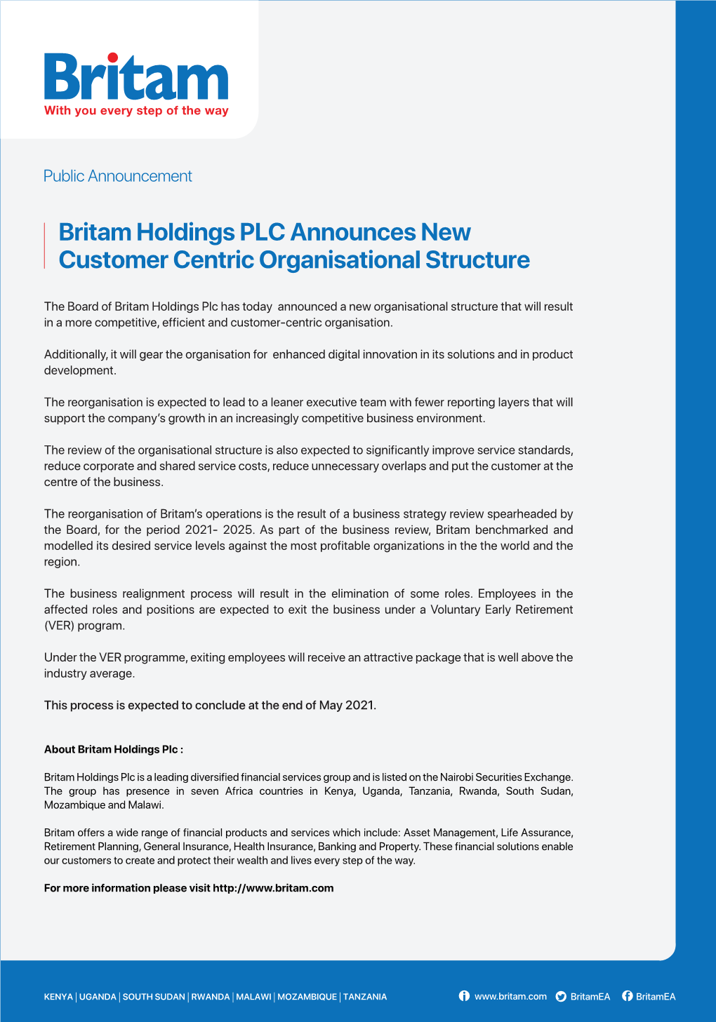 Britam Holdings PLC Announces New Customer Centric Organisational Structure