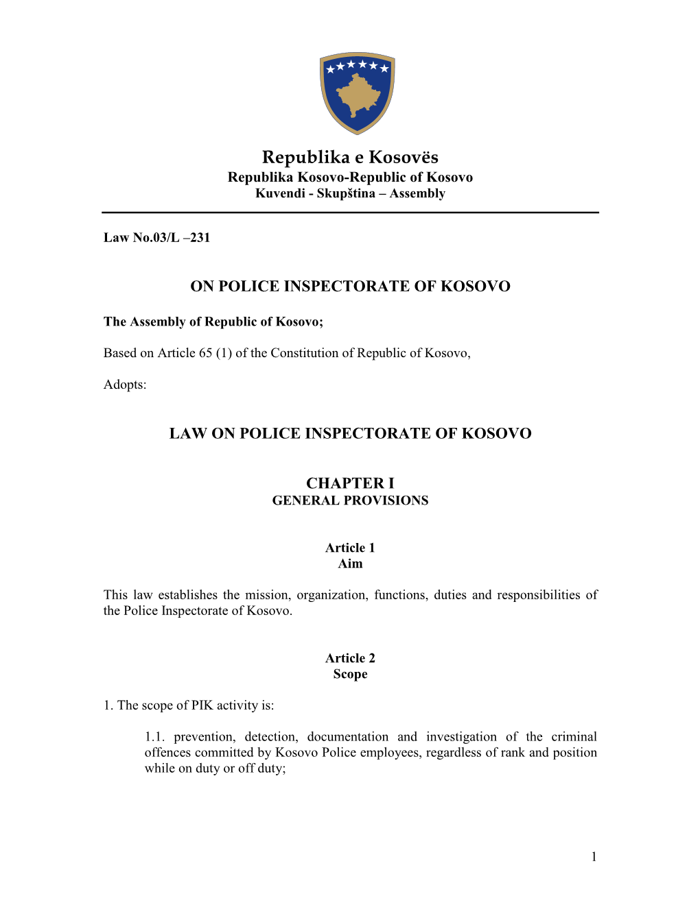 Law on Police Inspectorate 2010