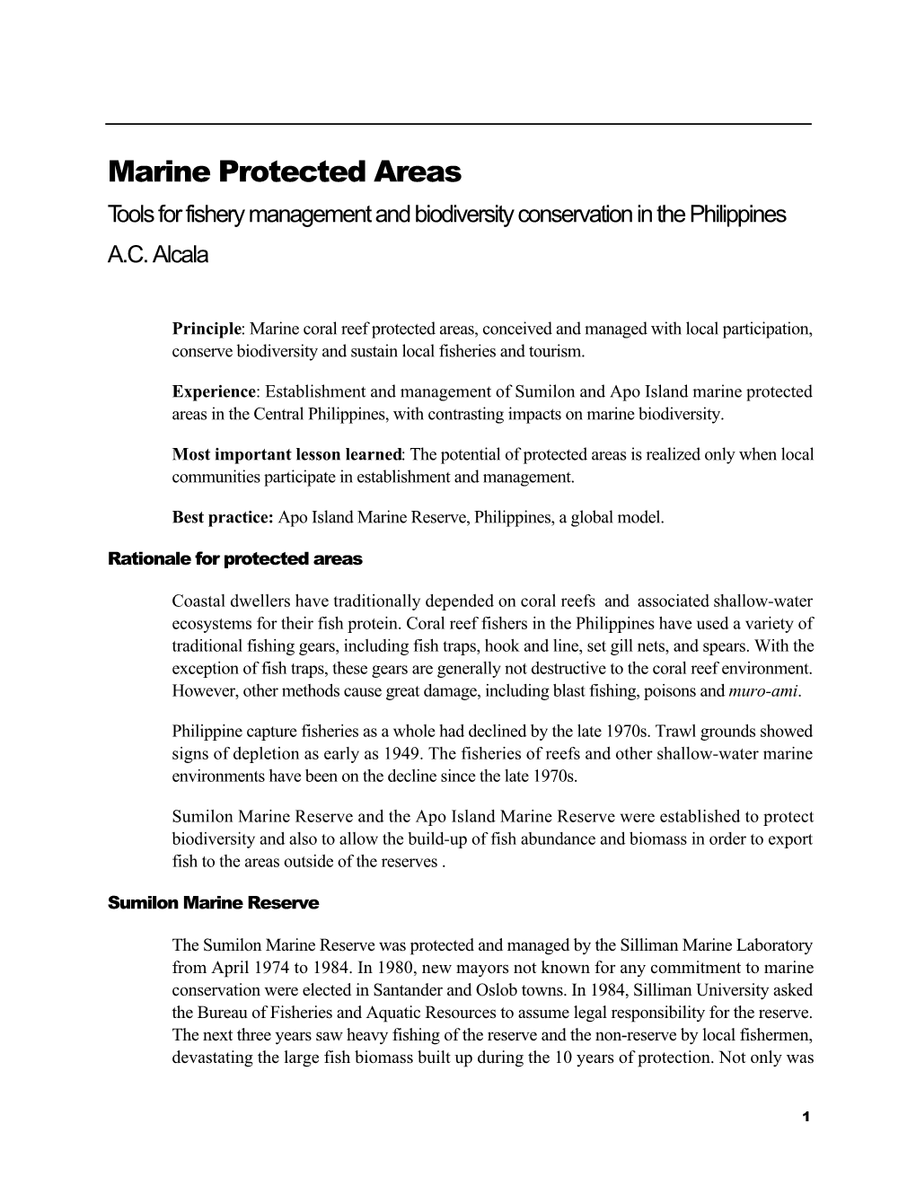Marine Protected Areas Tools for Fishery Management and Biodiversity Conservation in the Philippines A.C