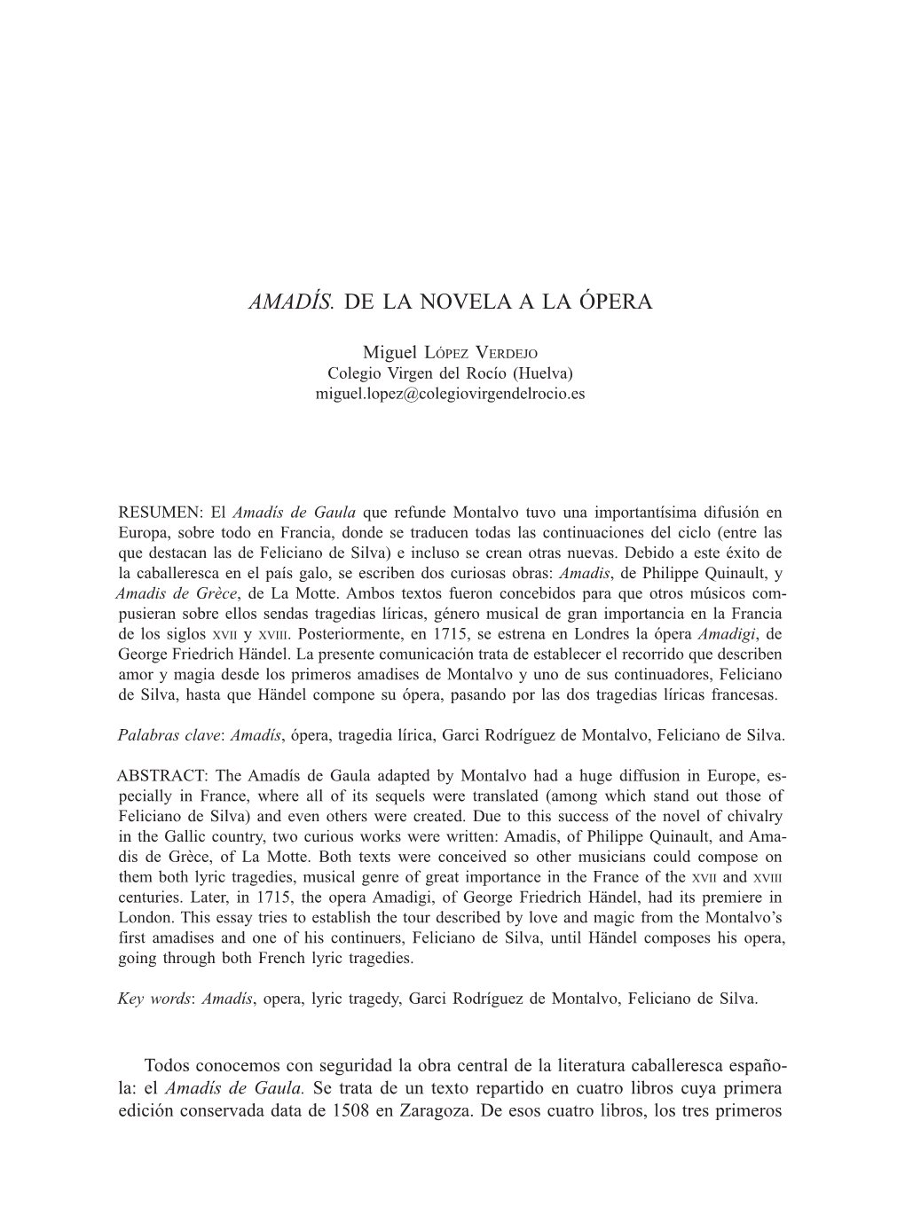 "Amadís". De La Novela a La Ópera / Miguel López Verdejo Leer Obra