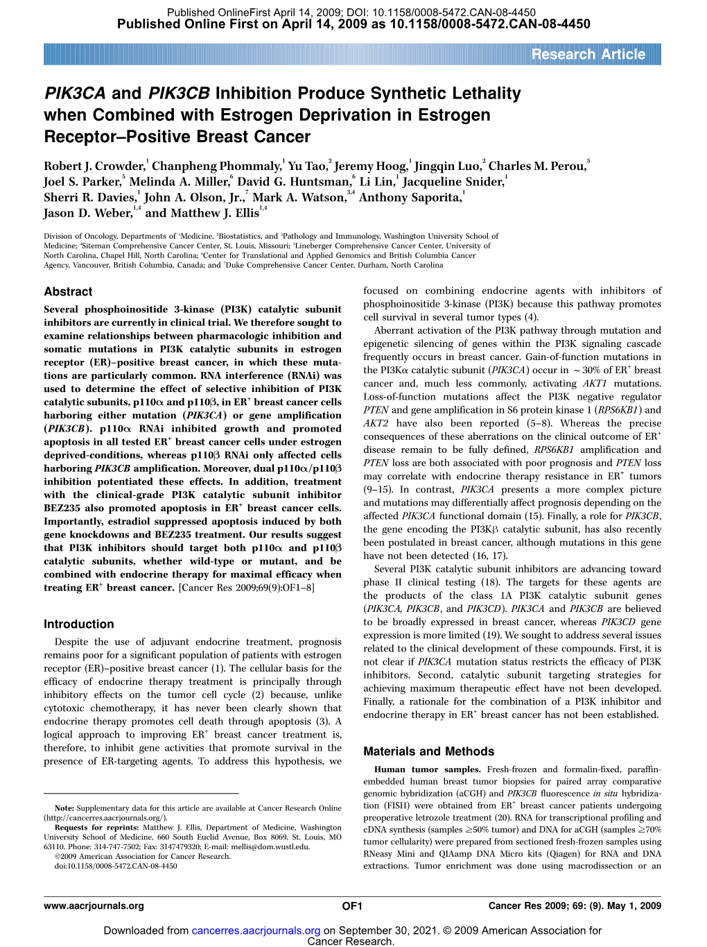 PIK3CA and PIK3CB Inhibition Produce Synthetic Lethality When Combined with Estrogen Deprivation in Estrogen Receptor–Positive Breast Cancer