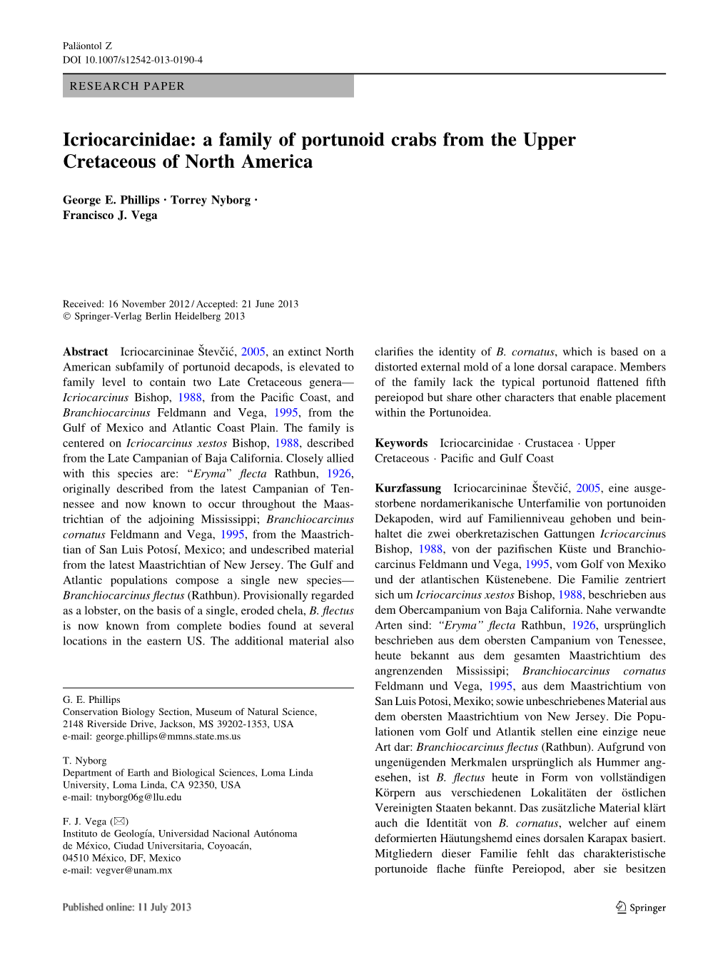 A Family of Portunoid Crabs from the Upper Cretaceous of North America