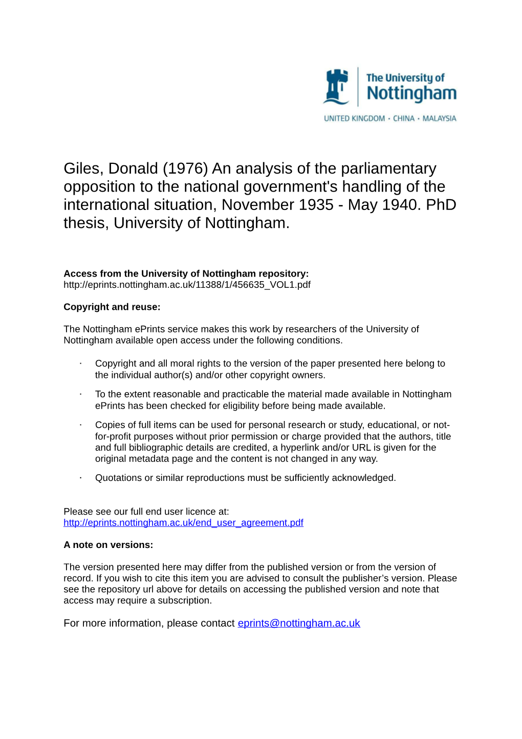 An Analysis of the Parliamentary Opposition to the National Government's Handling of the International Situation, November 1935 - May 1940