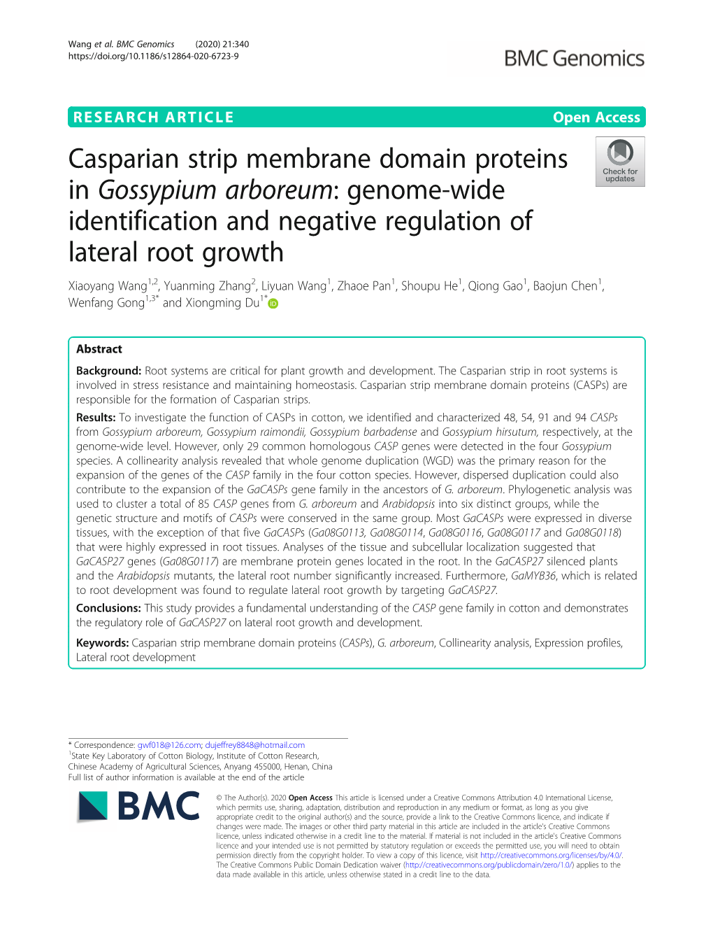 Casparian Strip Membrane Domain Proteins in Gossypium Arboreum: Genome-Wide Identification and Negative Regulation of Lateral Ro